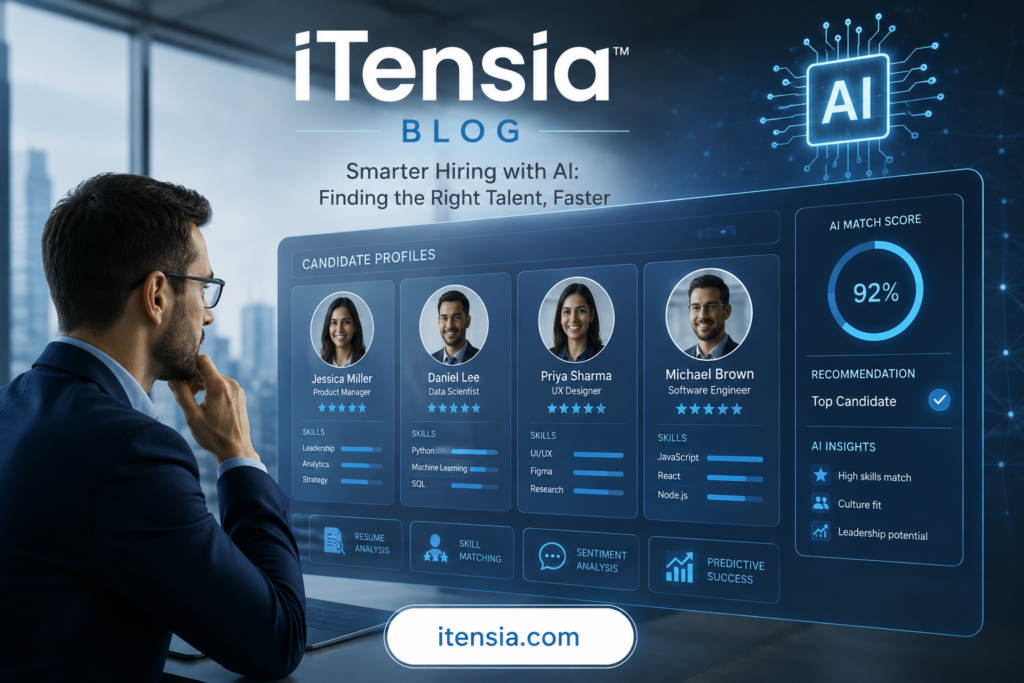 AI talent gap solution manager using AI-powered candidate screening platform showing profiles skills matching and predictive hiring scores at itensia.com 2026