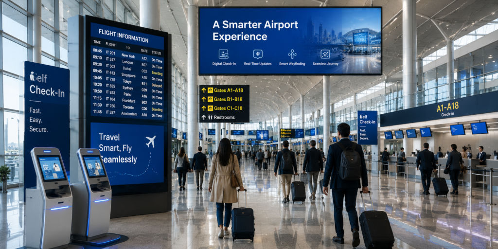 airport technology modern terminal digital screens self check-in kiosks and seamless passenger experience 2026