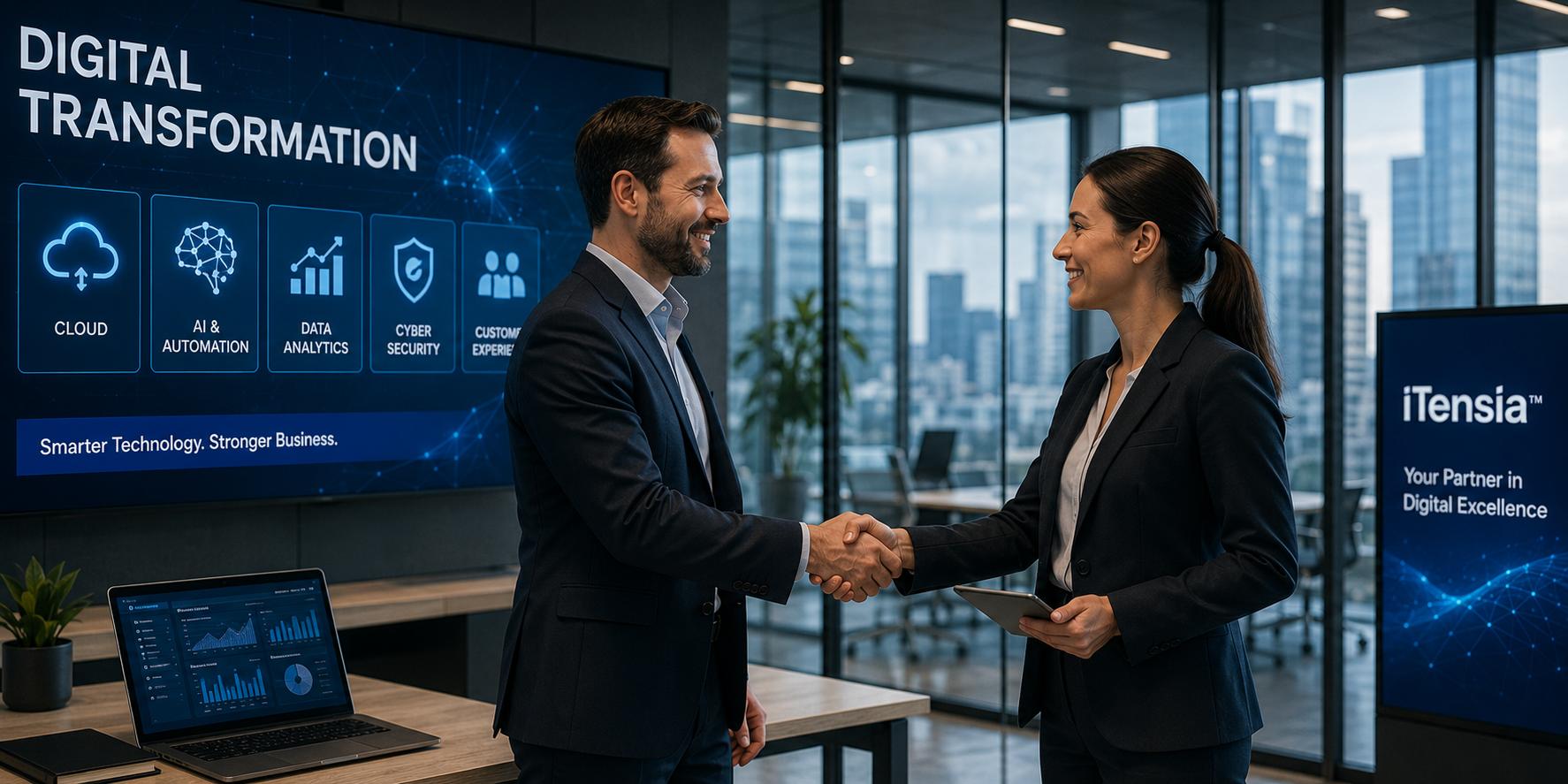 enterprise digital transformation technology partner business professionals shaking hands with digital graphics on screens 2026