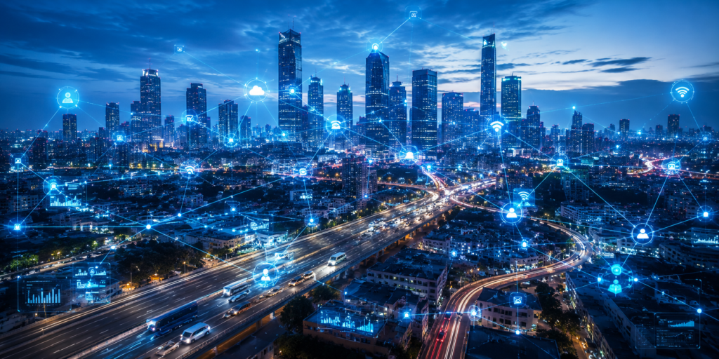 Smart city technology with IoT sensors and AI connecting buildings vehicles and people in a futuristic urban skyline 2026
