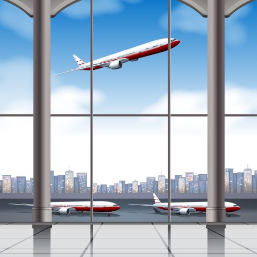 Airplane taking off and landing at the airport